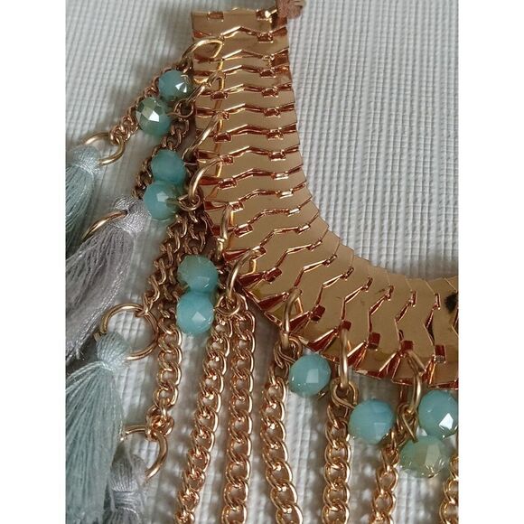 Light Blue & Gold Tone String Tassels Double Strand Bib Style Statement Necklace - Picture 7 of 9